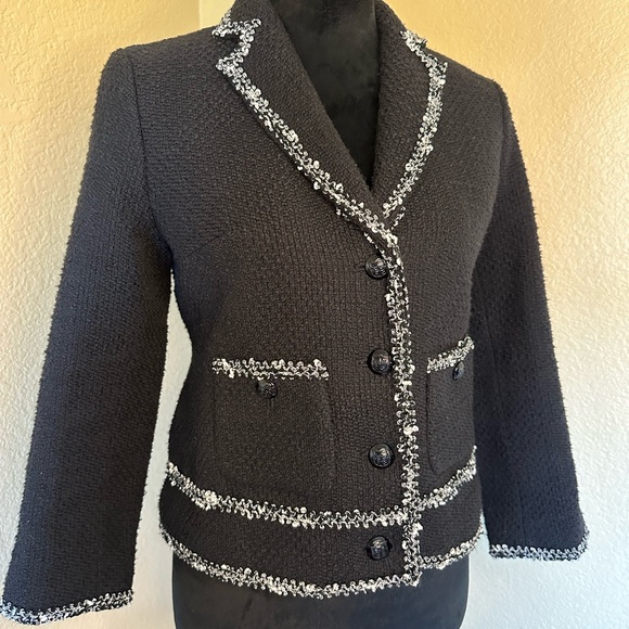 Talbots Black Tweed Blazer Jacket With Trim & Front Pockets Sz 2 - Picture 1 of 4